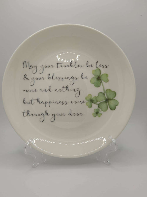 Set of 6-inch decorative plates displayed on wall and shelf with stands and stickers